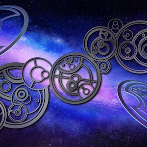 May include: A swirling galaxy background with multiple silver, circular, interlocking designs. The designs are reminiscent of a clock face with multiple gears.