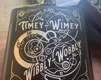 Custom laser engraved Gallifreyan 6 oz Flasks!