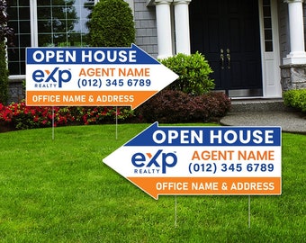 2 Pack eXp Realty Open House Arrow Shaped Yard Signs 23" x 10" - Coroplast Custom Real Estate Directional Yard Signs with Metal Stakes