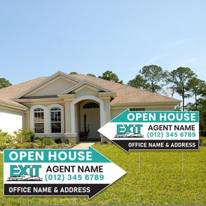 2 Pack EXIT Realty Open House Arrow Shaped Yard Signs 23&quot; x 10&quot; - Coroplast Custom Real Estate Directional Yard Signs with Metal Stakes