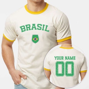 Custom Soccer Ringer T-Shirt Front-Back Print, Personalized Ringer Football Team Shirt, Brazil Short Sleeve Soccer Tee, Sports Gifts
