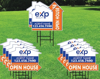 10 Pack eXp Realty Custom Open House Arrow Yard Sign, 2 Sided Add Your Text, Logo, Photo Personalized Directional Signs with Metal H-Stake