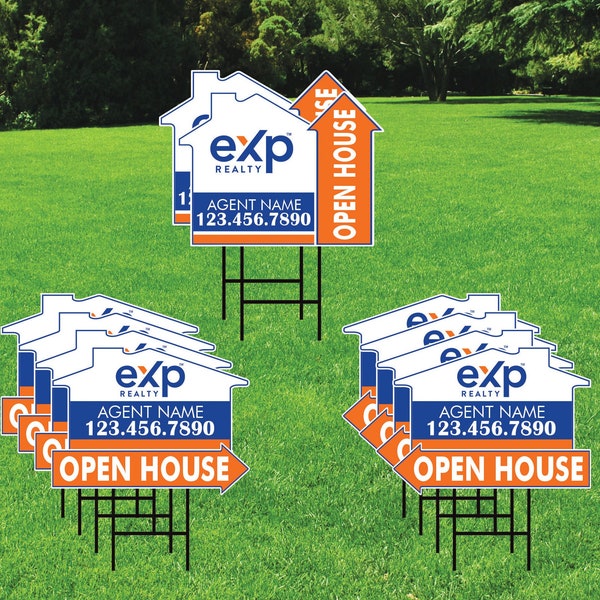 10 Pack eXp Realty Custom Open House Arrow Yard Sign, 2 Sided Add Your Text, Logo, Photo Personalized Directional Signs with Metal H-Stake