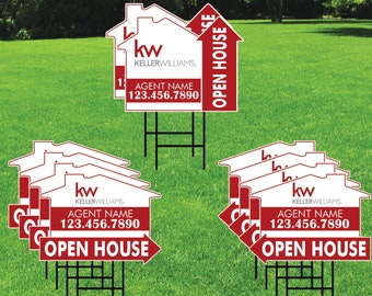 10 Pack Keller Williams Custom Open House Arrow Yard Sign, 2 Sided Add Your Text, Logo Personalized Directional Signs with Metal H-Stake