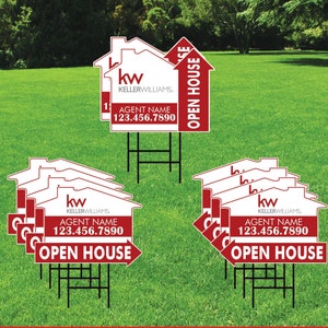 10 Pack Keller Williams Custom Open House Arrow Yard Sign, 2 Sided Add Your Text, Logo Personalized Directional Signs with Metal H-Stake