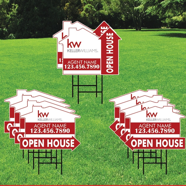 10 Pack Keller Williams Custom Open House Arrow Yard Sign, 2 Sided Add Your Text, Logo Personalized Directional Signs with Metal H-Stake