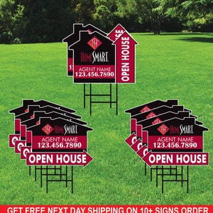 10 Pack HomeSmart Custom Open House Arrow Yard Sign, 2 Sided Add Your Text, Logo, Photo Personalized Directional Signs with Metal H-Stake