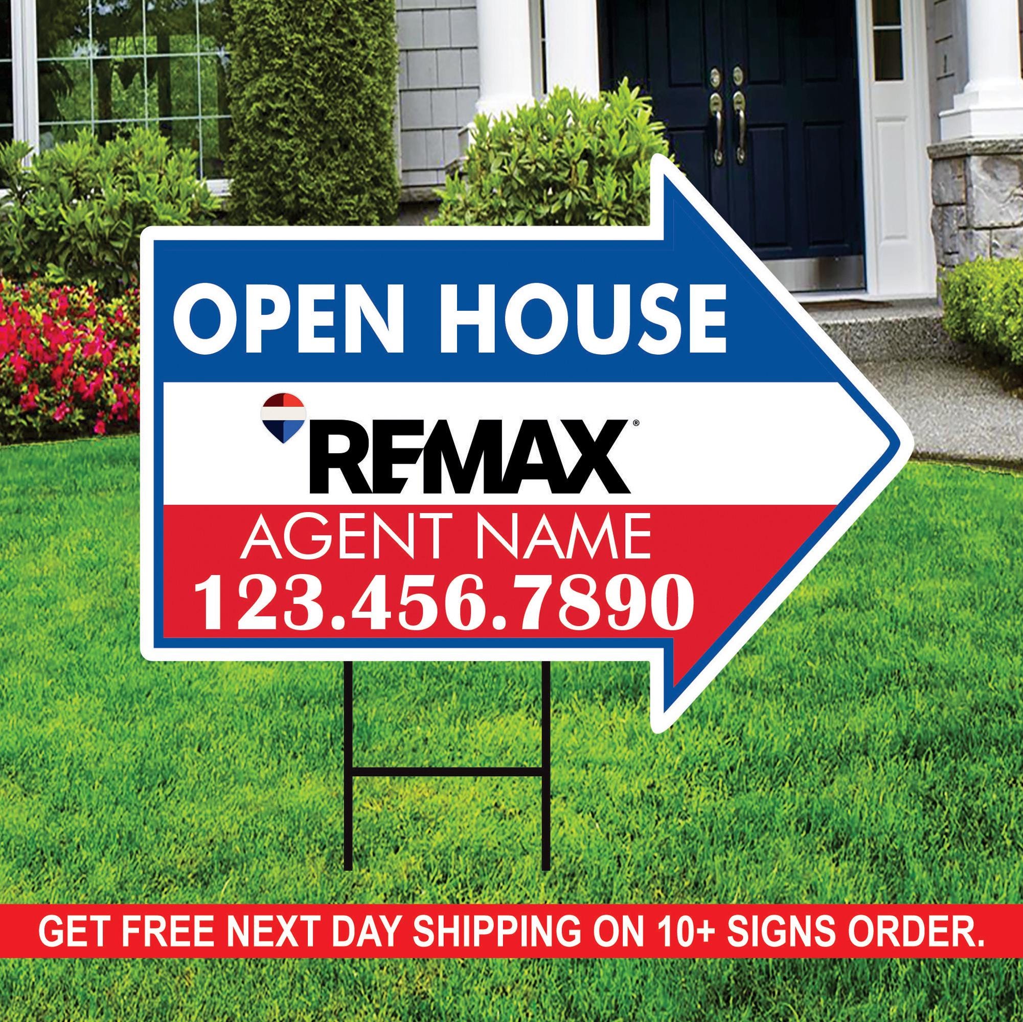 ReMax Open House Arrow Shaped Yard Signs 18" x 24", 2 Sided Coroplast Custom Real Estate Directional Yard Signs with Metal Stakes