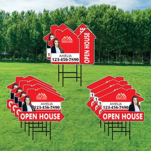 10 Pack Custom Open House Arrow Yard Sign 18&quot; x 24&quot;, 2 Sided Add Your Text, Logo, Photo Personalized Directional Signs with Metal H-Stake