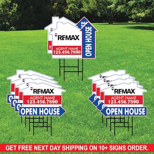 10 Pack Remax Custom Open House Arrow Yard Sign, 2 Sided Add Your Text, Logo, Photo Personalized Directional Signs with Metal H-Stake