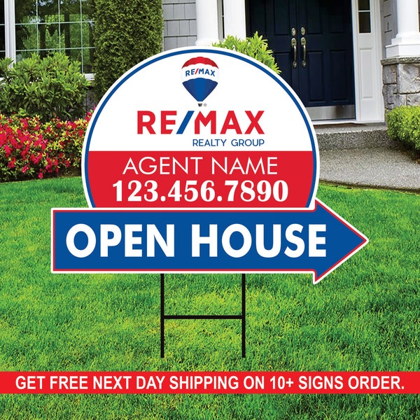 Remax Realty Open House Arrow Shaped Yard Signs 18" x 24", 2 Sided Coroplast Custom Real Estate Directional Yard Signs with Metal Stakes