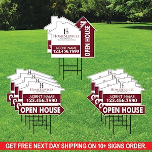 10 Pack HomeServices Custom Open House Arrow Yard Sign, 2 Sided Add Your Text Logo, Photo Personalized Directional Signs Metal H-Stake