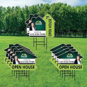 10 Pack Custom Open House Arrow Yard Sign 18&quot; x 24&quot;, 2 Sided Add Your Text, Logo, Photo Personalized Directional Signs with Metal H-Stake