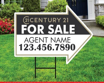 Century 21 For Sale Arrow Shaped Yard Signs 18" x 24", 2 Sided Coroplast Custom Real Estate Directional Yard Signs with Metal Stakes