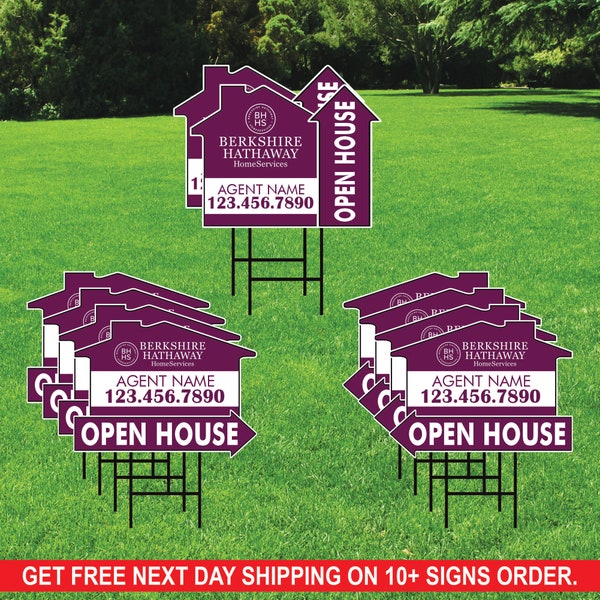 10 Pack Berkshire Hathaway Custom Open House Arrow Yard Sign, 2 Sided Add Your Text Logo, Photo Personalized Directional Signs Metal H-Stake