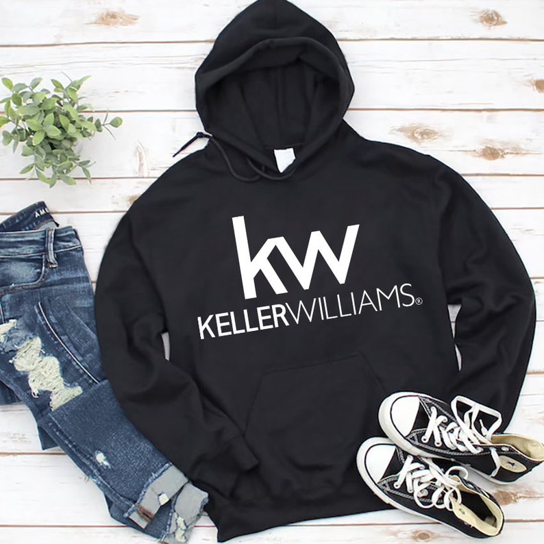 May include: Black hooded sweatshirt with the white logo "kw KELLERWILLIAMS" printed on the front.