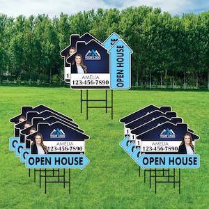 10 Pack Custom Open House Arrow Yard Sign 18&quot; x 24&quot;, 2 Sided Add Your Text, Logo, Photo Personalized Directional Signs with Metal H-Stake