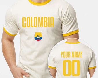 Custom Soccer Ringer T-Shirt Front-Back Print, Personalized Ringer Football Team Shirt, Colombia Short Sleeve Soccer Tee, Sports Gifts
