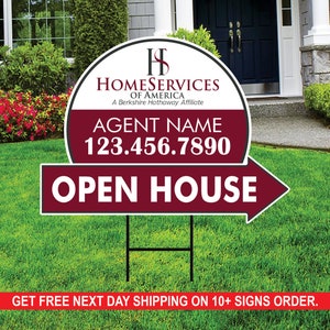 HomeServices Open House Arrow Shaped Yard Signs 18&quot; x 24&quot;, 2 Sided Coroplast Custom Real Estate Directional Yard Signs with Metal Stakes