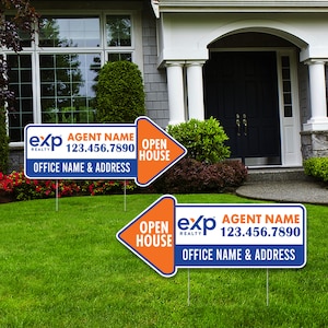 2 Pack eXp Realty Open House Arrow Shaped Yard Signs 23&quot; x 10&quot; - Coroplast Custom Real Estate Directional Yard Signs with Metal Stakes