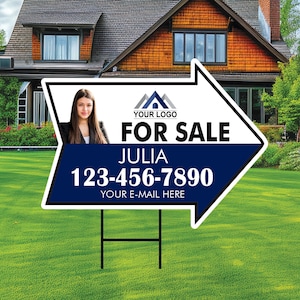 May include: A white and blue arrow-shaped real estate sign with a photo of a woman, the text "FOR SALE", the name "JULIA", a phone number "123-456-7890", and the text "YOUR E-MAIL HERE".