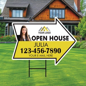 Custom Open House Arrow Yard Sign 18&quot; x 24&quot;, 2 Sided Add Your Text, Logo, Photo Personalized Open House Directional Signs with Metal H-Stake