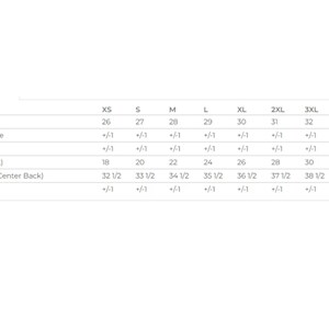 May include: A size chart for clothing with measurements in inches for body length, chest width, and sleeve length. The chart includes sizes XS through 5XL.