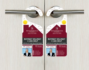 May include: A red and white door hanger with a house illustration and the text "Homeservices of America" and "Buying? Selling? I can help. With all of your real estate needs."  The hanger also features a photo of a woman with the text "Elena Alex" and a phone number.
