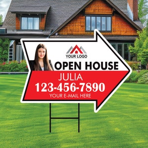 Custom Open House Arrow Yard Sign 18&quot; x 24&quot;, 2 Sided Add Your Text, Logo, Photo Personalized Open House Directional Signs with Metal H-Stake