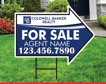 Coldwell Banker For Sale Arrow Shaped Yard Signs 18" x 24", 2 Sided Coroplast Custom Real Estate Directional Yard Signs with Metal Stakes