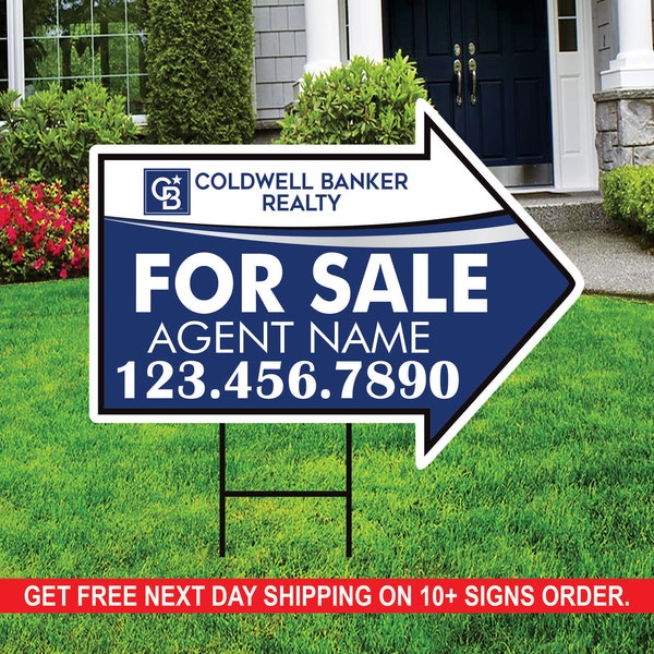 Coldwell Banker For Sale Arrow Shaped Yard Signs 18" x 24", 2 Sided Coroplast Custom Real Estate Directional Yard Signs with Metal Stakes