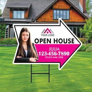Custom Open House Arrow Yard Sign 18&quot; x 24&quot;, 2 Sided Add Your Text, Logo, Photo Personalized Open House Directional Signs with Metal H-Stake