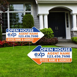 2 Pack eXp Realty Open House Arrow Shaped Yard Signs 23&quot; x 10&quot; - Coroplast Custom Real Estate Directional Yard Signs with Metal Stakes