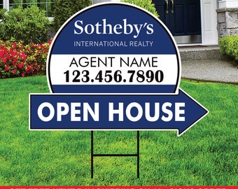 Sotheby Realty Open House Arrow Shaped Yard Signs 18" x 24", 2 Sided Coroplast Custom Real Estate Directional Yard Signs with Metal Stakes