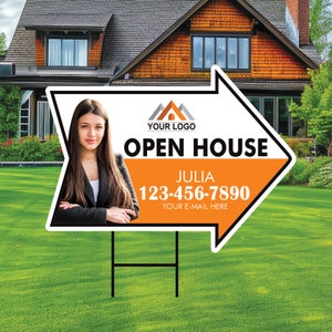 Custom Open House Arrow Yard Sign 18&quot; x 24&quot;, 2 Sided Add Your Text, Logo, Photo Personalized Open House Directional Signs with Metal H-Stake