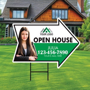 Custom Open House Arrow Yard Sign 18&quot; x 24&quot;, 2 Sided Add Your Text, Logo, Photo Personalized Open House Directional Signs with Metal H-Stake