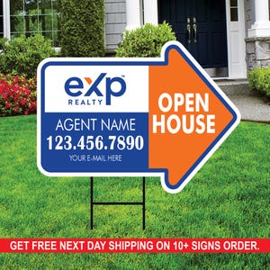 eXp Realty Open House Arrow Shaped Yard Signs 18&quot; x 24&quot;, 2 Sided Coroplast Custom Real Estate Directional Yard Signs with Metal Stakes