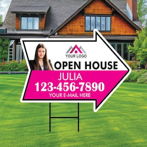 Custom Open House Arrow Yard Sign 18&quot; x 24&quot;, 2 Sided Add Your Text, Logo, Photo Personalized Open House Directional Signs with Metal H-Stake