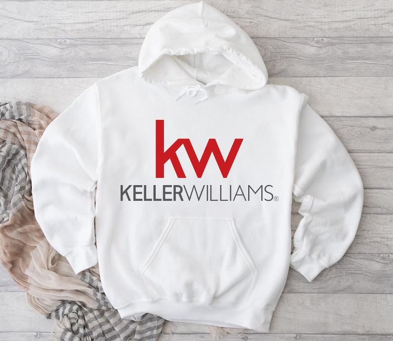 May include: White hooded sweatshirt with the red "kw" logo and the text "KELLERWILLIAMS" printed on the front.