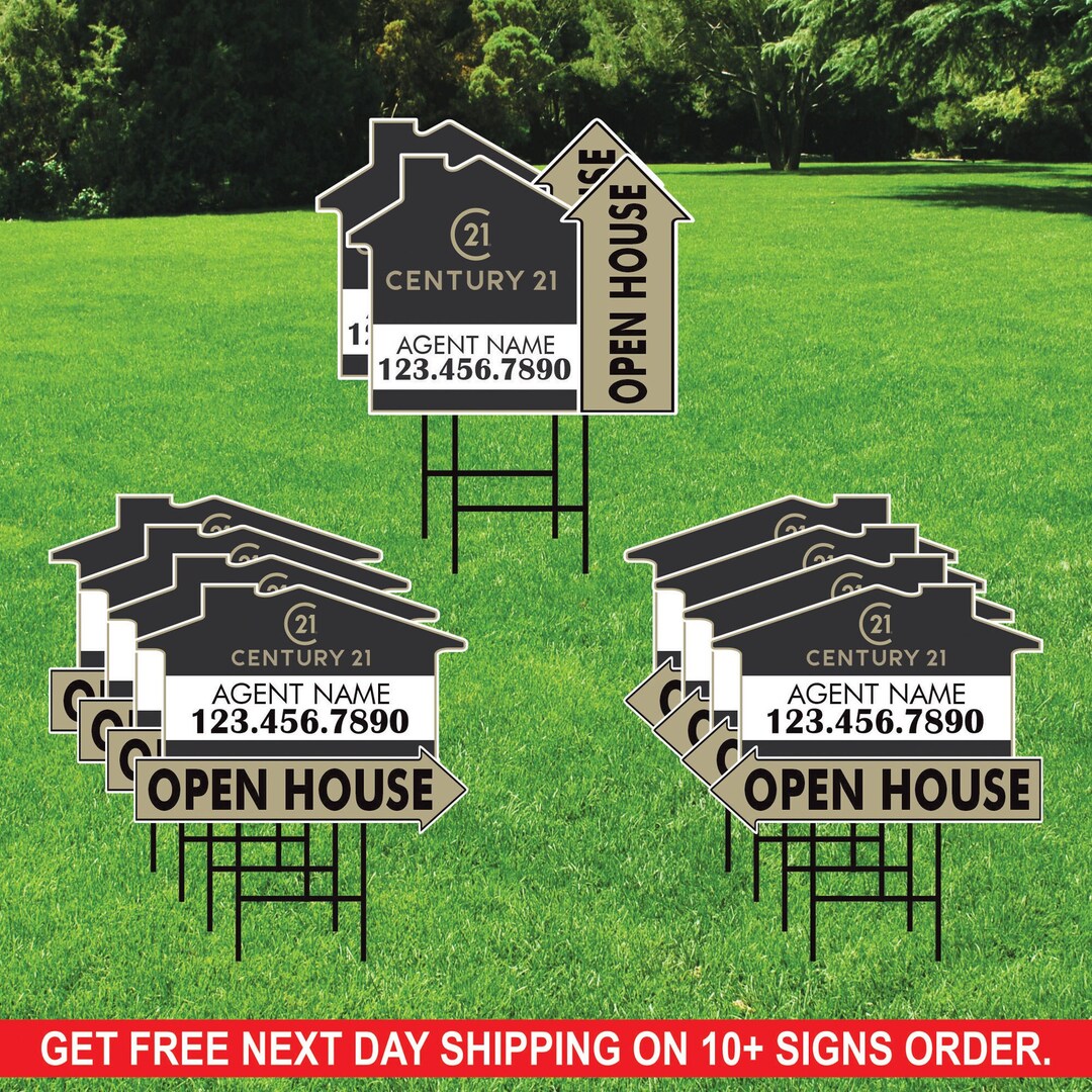 10 Pack Century 21 Custom Open House Arrow Yard Sign, 2 Sided Add Your