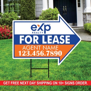 May include: A blue and orange real estate sign with a white arrow pointing to the right. The sign reads "exp REALTY FOR LEASE AGENT NAME 123.456.7890".