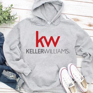 May include: Gray hooded sweatshirt with a red "kw" logo and the text "KELLERWILLIAMS" in black.