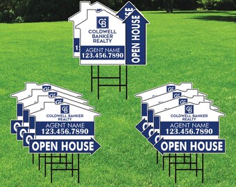 10 Pack Coldwell Banker Custom Open House Arrow Yard Sign, 2 Sided Add Your Text Logo, Photo Personalized Directional Signs Metal H-Stake