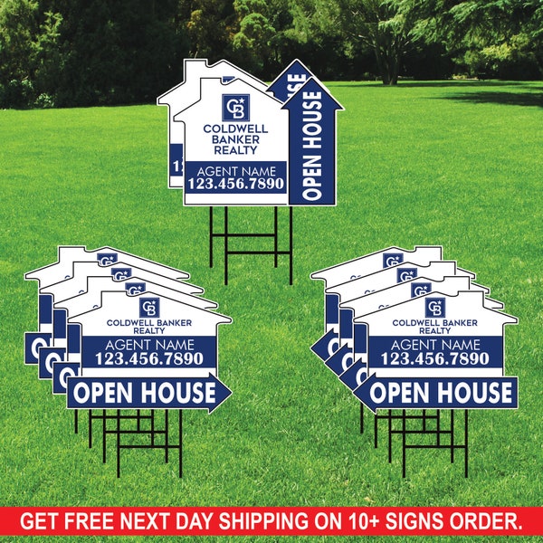 10 Pack Coldwell Banker Custom Open House Arrow Yard Sign, 2 Sided Add Your Text Logo, Photo Personalized Directional Signs Metal H-Stake