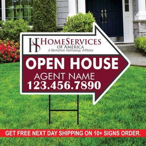 HomeServices Open House Arrow Shaped Yard Signs 18&quot; x 24&quot;, 2 Sided Coroplast Custom Real Estate Directional Yard Signs with Metal Stakes