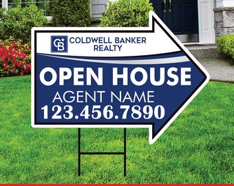 Coldwell Banker Open House Arrow Shaped Yard Signs 18" x 24", 2 Sided Coroplast Custom Real Estate Directional Yard Signs with Metal Stakes