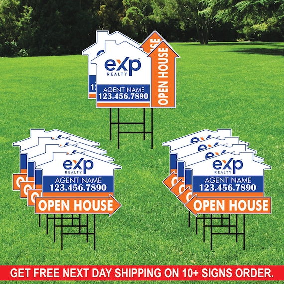 10 Pack eXp Realty Custom Open House Arrow Yard Sign, 2 Sided Add Your Text, Logo, Photo Personalized Directional Signs with Metal H-Stake