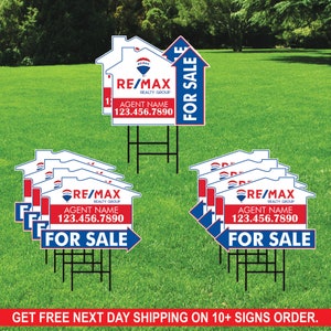 10 Pack ReMax Custom For Sale Arrow Yard Sign, 2 Sided Add Your Text, Logo, Photo Personalized Directional Signs with Metal H-Stake