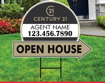 Century 21 Open House Arrow Shaped Yard Signs 18" x 24", 2 Sided Coroplast Custom Real Estate Directional Yard Signs with Metal Stakes