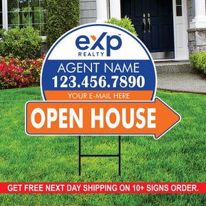 eXp Realty Open House Arrow Shaped Yard Signs 18&quot; x 24&quot;, 2 Sided Coroplast Custom Real Estate Directional Yard Signs with Metal Stakes